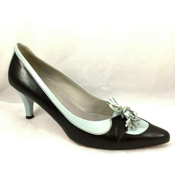 FURLA Pump Two Tone Bow Tassel Leather Brown Blue - Picture 1 of 8